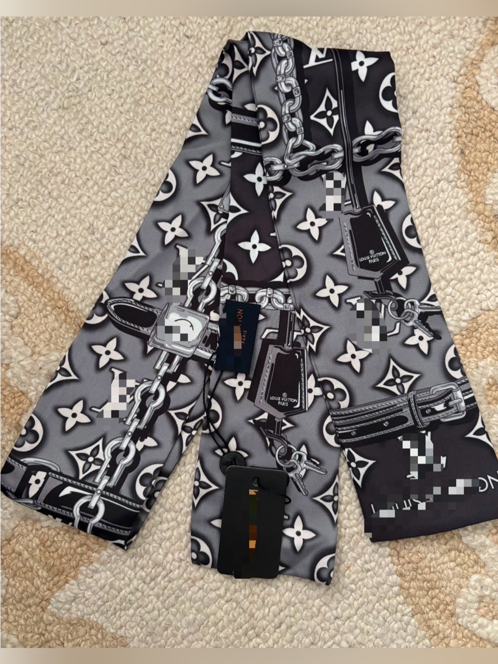 Monogram Chain-Print Women’s Silk Scarf - Black & Gray